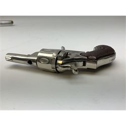Early 20th century Flobert 5mm blank firing revolver with six-shot chamber, top venting, nickel plated with folding trigger No.118 L12.5cm overall; replica non-firing 'British Bulldog' revolver; and Windproof gas lighter inscribed 'Revolver-99 Spring and Autumn' in holster marked 'Star-Line'