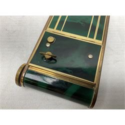 Art Deco camera shaped lady's musical compact and cigarette case, probably German, with green marble effect panels and gilt highlights, with large hinged opening to reveal engine turned brass interior with cigarette or lipstick holders, and the other side with musical mechanism and flip action powder compartment with mirror, L10cm
