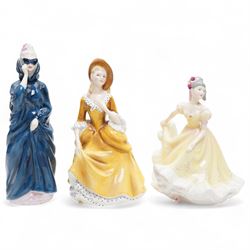 Eleven Royal Doulton figures, including Miss Demure HN1402, Ninette HN4717, Janet HN1537, Embrace HN4258 etc 