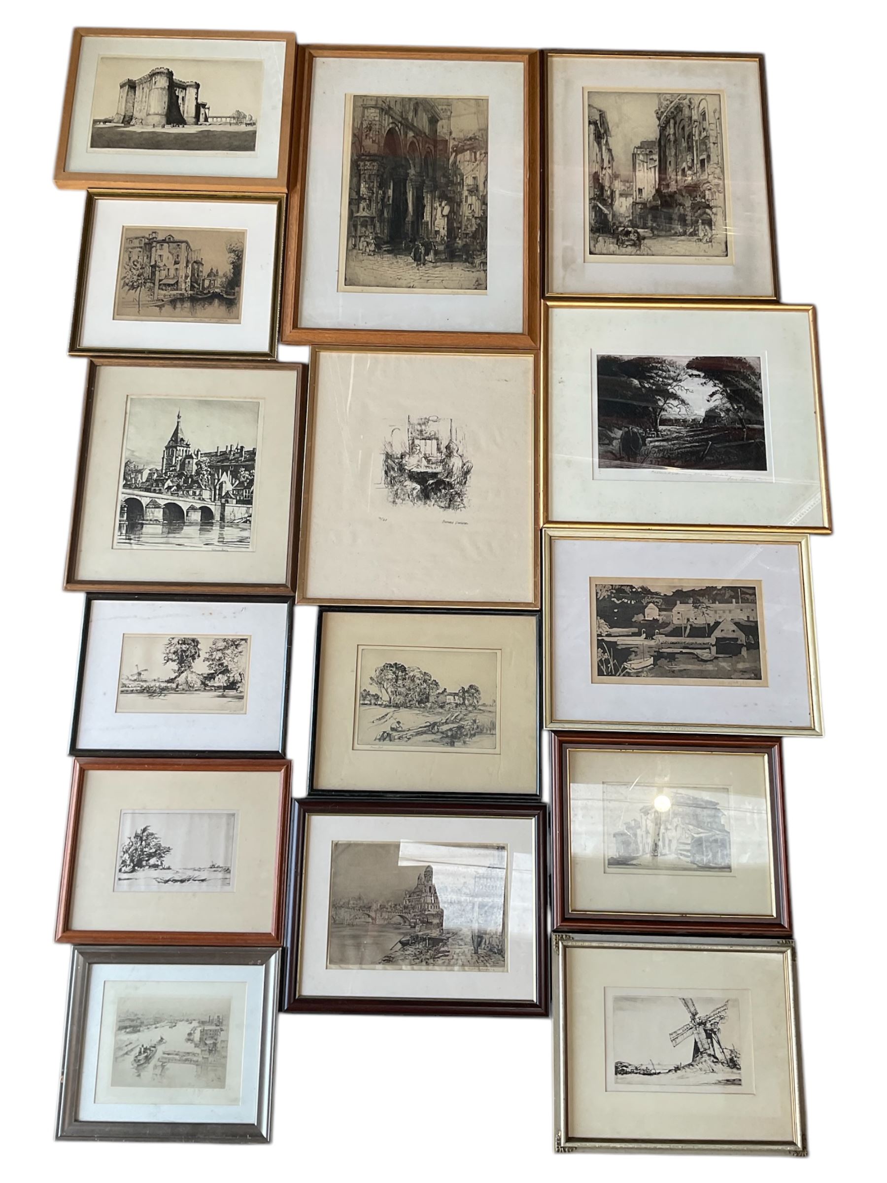 Collection of etchings, artists including Alfred Blundell, Hedley Fitton, William Walcot, Norman James, Oliver Hall, Francis Sydney Unwin, Mortimer Menpes, William P Robins, Piers Browne, etc, together with a Bernard Dunstan lithograph (15)