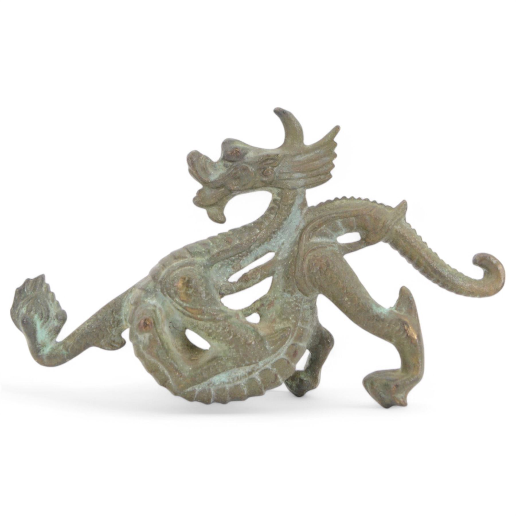 Bronzed Chinese Fu Lu Shou figure group, together with a dragon sculpture  