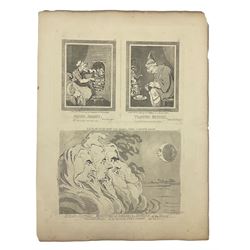 James Gillray (British 1756-1815): 'The pacific entrance of Earl-Wolf into Blackhaven', etching with hand colouring pub. Hannah Humphrey 1792, three further etchings verso 'Frying Sprats', 'Toasting Muffins' and 'Weird Sisters - Ministers of Darkness - Minions of the Moon' 39cm x 53cm (unframed)