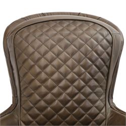 Timothy Oulton - saddle chair and stool upholstered in chocolate brown leather, with reclined back with diamond quilted cushions, stirrups upholstered to the sides  