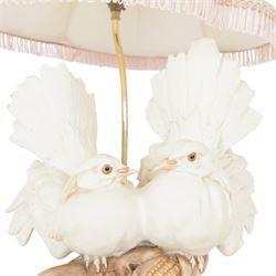 Capodimonte table lamp, modelled as two doves upon corn, with lampshade, H74cm