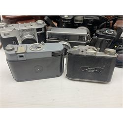 Collection of cameras and lenses, to include Pentax Program A camera body, serial no 123759, with 'Pentax-A zoom 1:3.5-4.5 28-80mm' len, Praktica EE2 camera body with 'Pentacon electric 1.8/50' lens etc, together with a Manfrotto tripod 