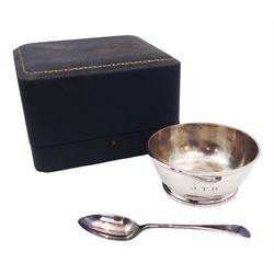 1930s silver christening bowl and spoon, both engraved with initials JTB, bowl hallmarked William Comyns & Sons Ltd, London 1935, spoon hallmarked Cooper Brothers & Sons Ltd, Sheffield 1934, contained within silk and velvet lined fitted case