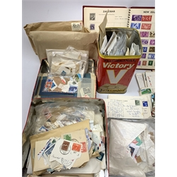  Collection of Great British and World stamps in albums and loose including Australia, Austria, Barbados, Belgium, Canada, France, Gibraltar etc, small number of modern postcards etc, in one box  