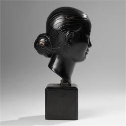 Manner of Nguyen Thanh Le (Vietnamese 1919-2006): Head of a Woman, bronze bust with indistinct character signature to neck, on ebonised base, H27cm 