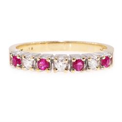 9ct gold ruby and diamond seven stone half eternity ring, alternate set with round brillia...