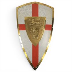 Five wall hangings, modelled as shields, decorated to the centre in relief with three lions 