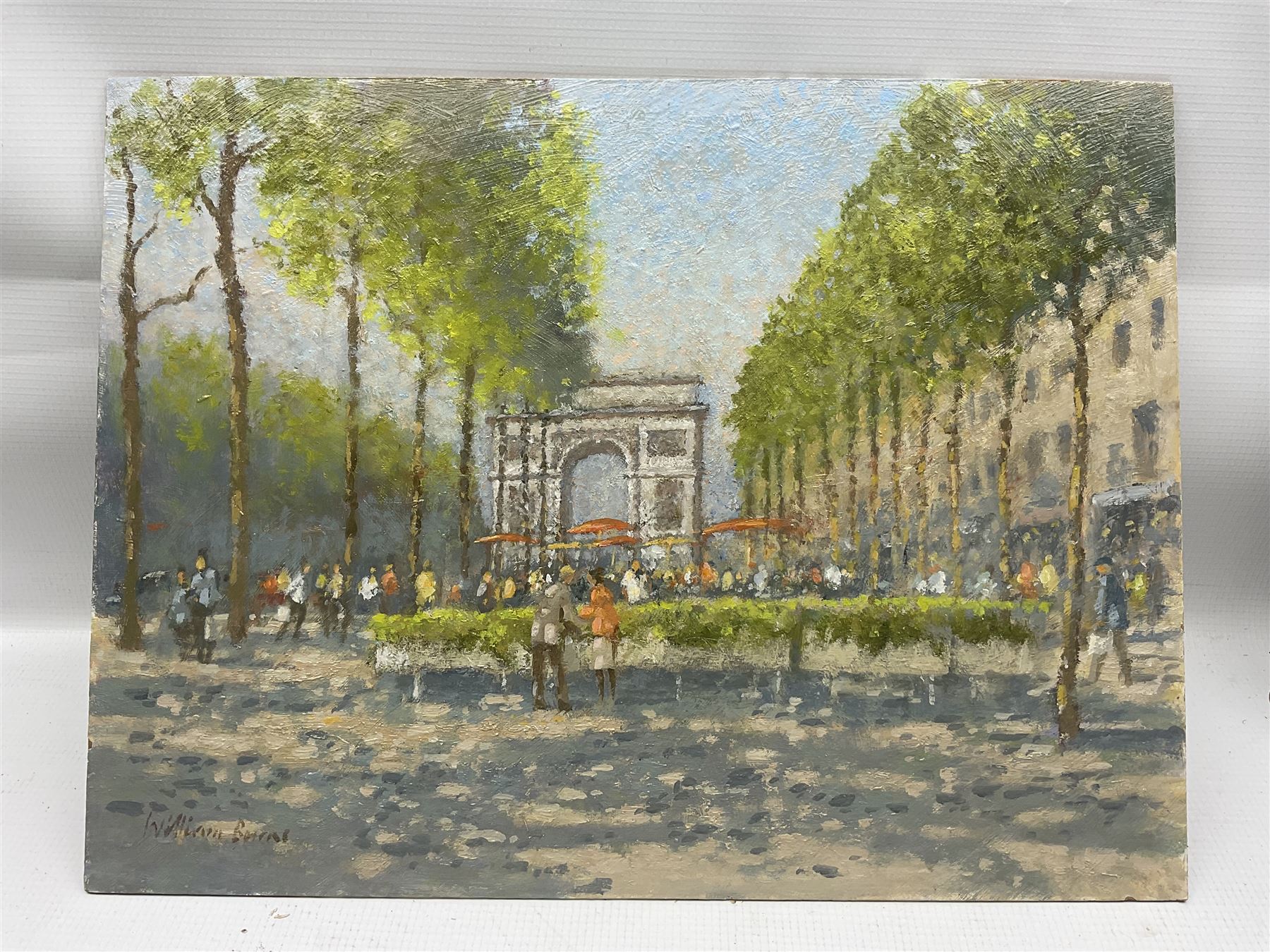 William Burns (Northern British 1923-2010): 'Meeting for Coffee - Champs-Élysées', oil on board signed, titled verso 30cm x 40cm (unframed) Provenance: Direct from the family of the artist. 
Notes: Born in Sheffield in 1923, William Burns RIBA FSAI FRSA studied at the Sheffield College of Art before the outbreak of the Second World War, during which he helped illustrate the official War Diaries for the North Africa Campaign, and was elected a member of the Armed Forces Art Society. On his return, he studied architecture at Sheffield University and later ran his own successful practice, being a member of the Royal Institute of British Architects. However, painting had always been his self-confessed 'first love', and in the 1970s he gave up architecture to become a full-time artist, having his first one-man exhibition in 1979.
