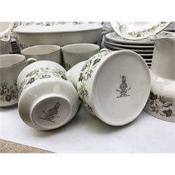 Royal Doulton tea and dinner wares decorated in the Vanity Fair pattern, to include twelve dinner plates, twelve side plates, eleven bowls, three lidded tureens, ten teacups, sauceboat on stand etc, together with boxed Royal Worcester plate, six Royal Worcester ramekins etc