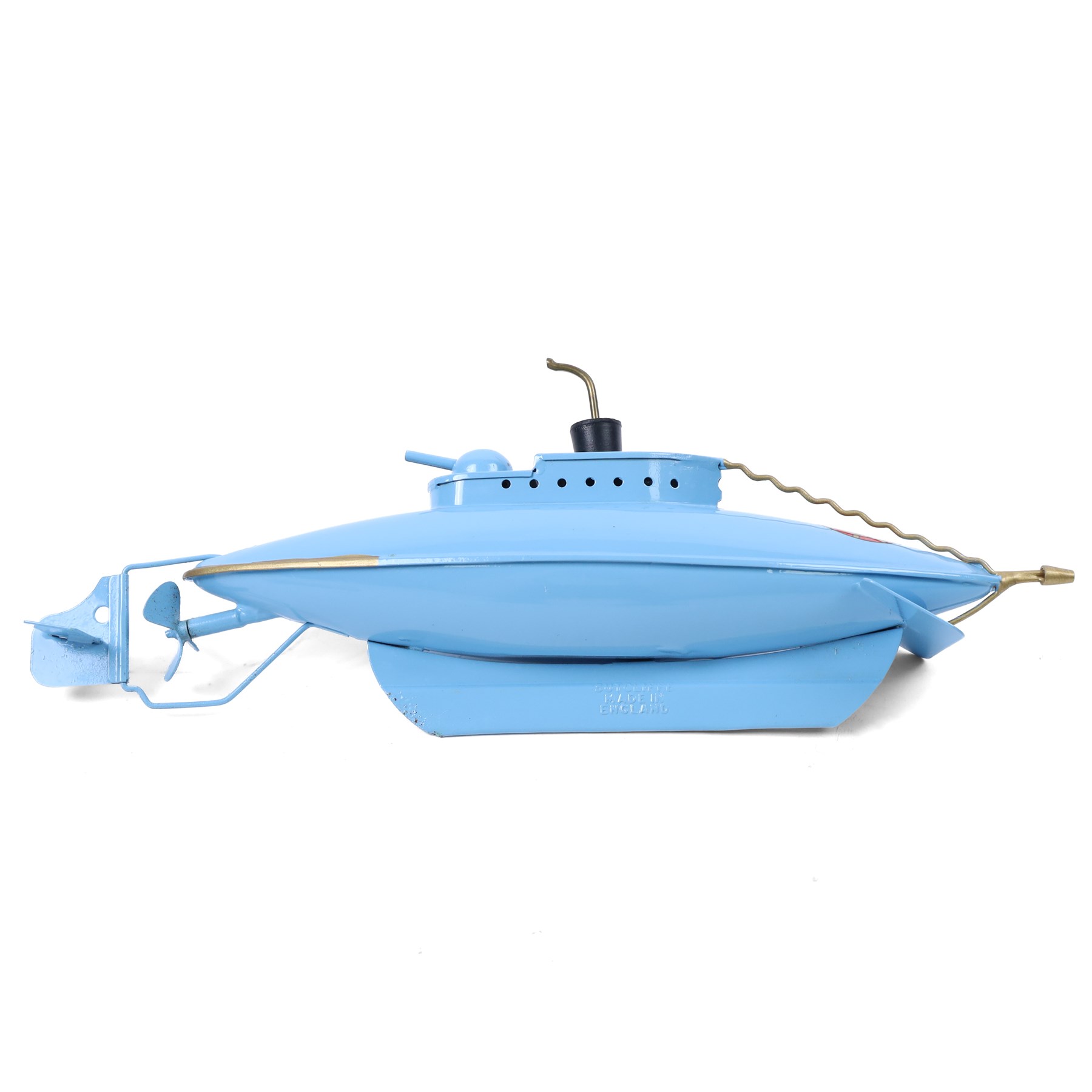 Sutcliffe Models 'Unda-Wunda' tinplate clockwork diving submarine, in pale blue livery with metallic gold details, with rubber bung and key, boxed