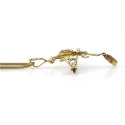 Edwardian 9ct gold aquamarine and split pearl pendant/brooch, on later 9ct gold snake link necklace