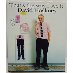  David Hockney (British 1937-): 'That's the way I see it', hardback book, the frontispiece page signed inscribed 'for Peter' and illustrated with a study of a dachshund. Also a personalised invitation to the Opening Reception at the  L A Louver Gallery Venice California March 1994, inscribed 'for Peter' and signed David H. Provenance: these all relate to Hockey's visit to Scarborough Sixth Form College in 1994 and were given to Peter Hough the then ceramics lecturer following his chance meeting with the artist at York Station. The book and invitation are to be sold with photographs of Hockney with the art department staff  