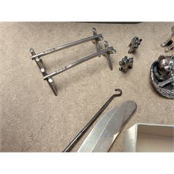 Pair of silver knife rests, two silver handled butter knives and a silver handled button hook, all hallmarked, together with a silver onyx pendant and ring, white metal figures and coins etc 