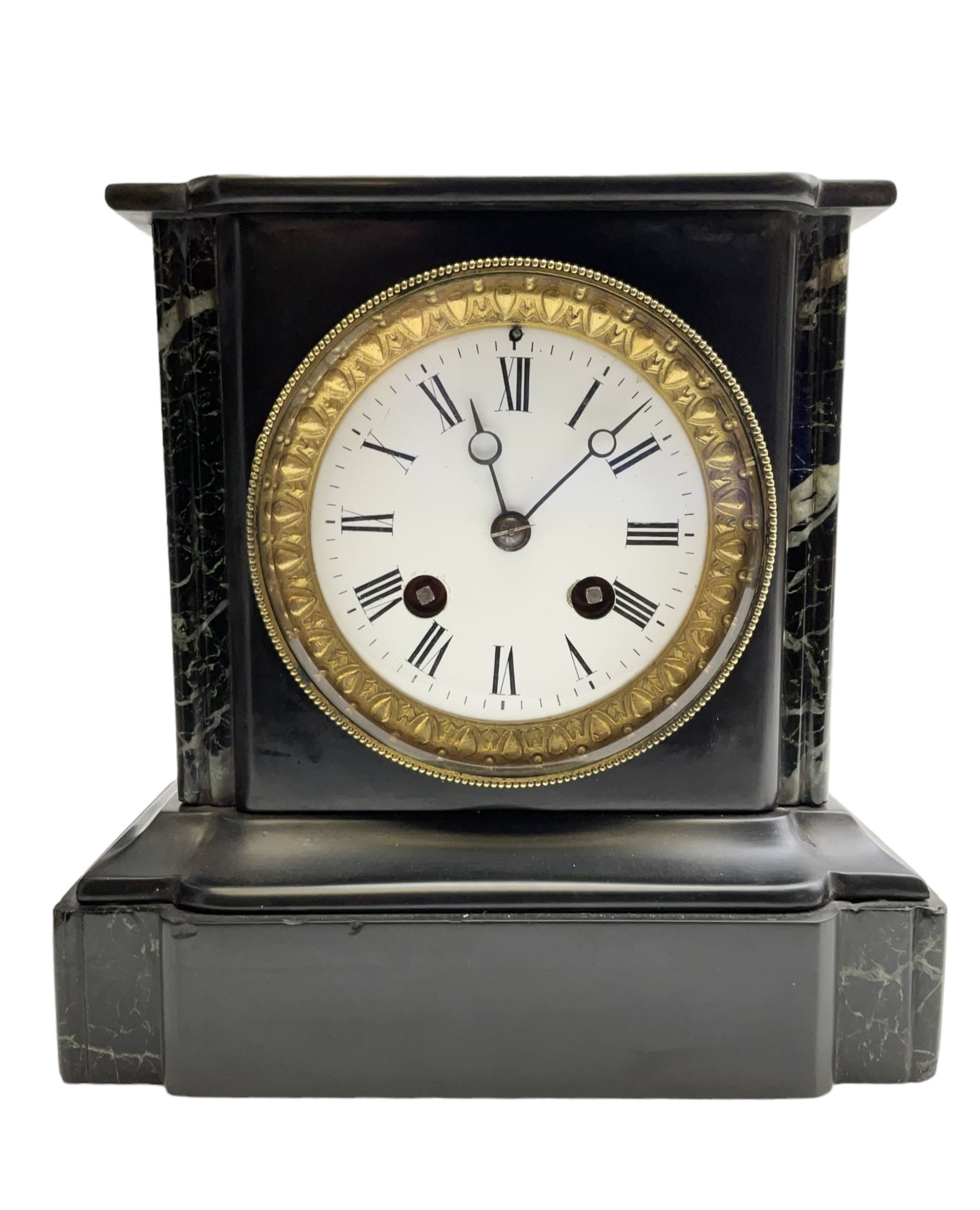 French - mid 19th century 8-day Belgium slate mantle clock in a break-front case with a flat top and varigated green marble inserts to the front, white enamel dial with Roman numerals and moon hands within a decorative glazed bezel, countwheel striking movement striking the hours and half hours on a bell. With pendulum. 