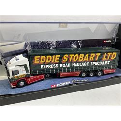 Corgi - five 'Monster Trucks' comprising Leyland-Daf Box Trailer (Parcelforce Worldwide) No.75501; ERF Tanker (Gulf Oil) No.75101; ERF Curtainside (Eddie Stobart Ltd) No.75201; ERF EC Box Trailer (Lynx Express) No.75001; and Leyland-Daf Tanker (Q8) No.75301; all in perspex display boxes (5)