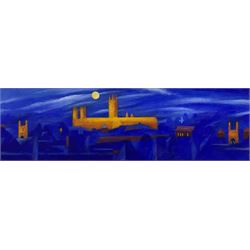 David Carson Shaw (British 1942-): 'Cathedral Moon', acrylic on board, signed, titled verso 12cm x 40cm