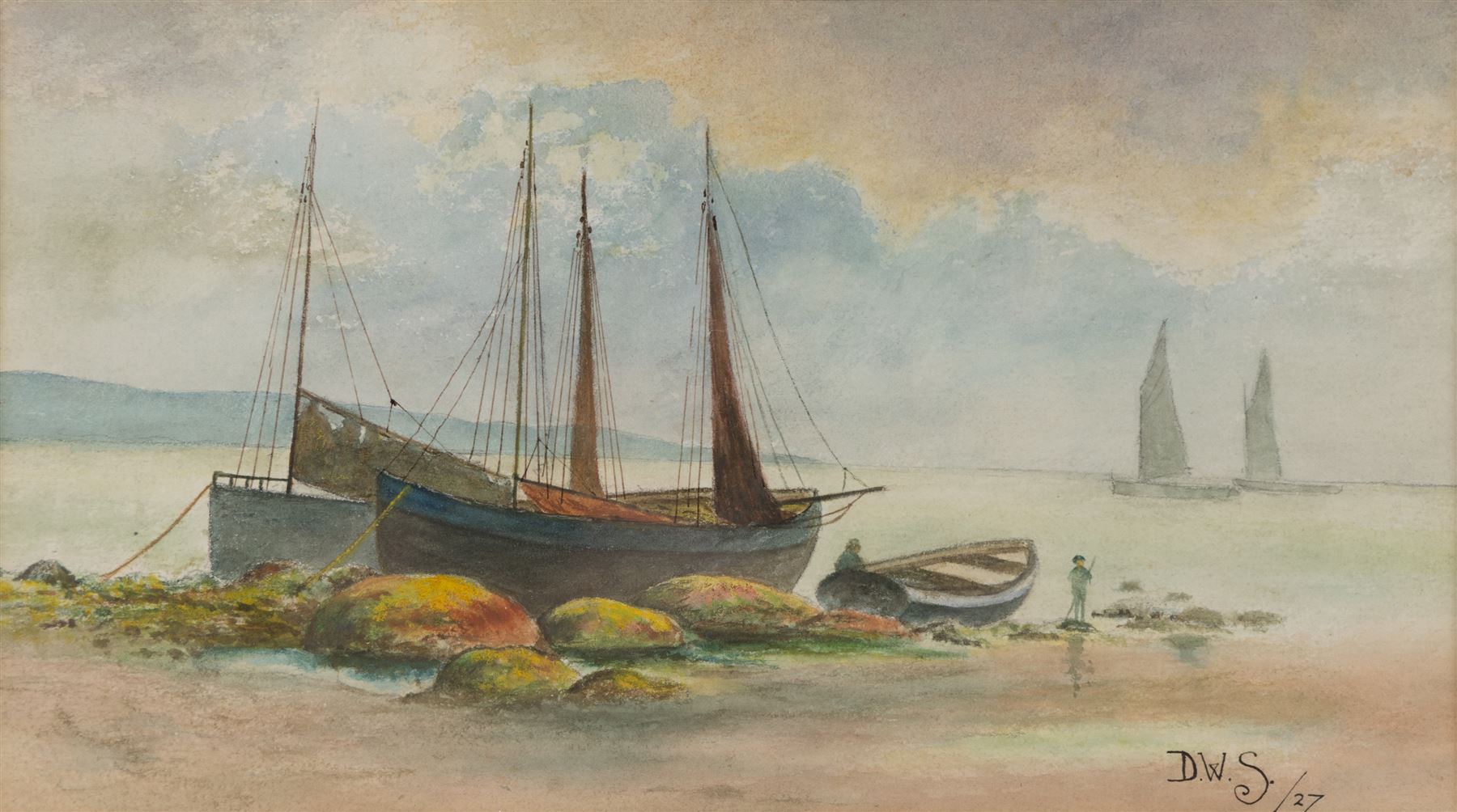 R Livingstone (English School 20th Century): Jockey on Horseback - potentially Lester Piggott, oil on wood panel signed; S Sparke (British 20th century): Roseberry Topping, pair of watercolours signed, one dated '84, and D W S (English School 20th Century): Boats Washed Up on the Beach, pair of watercolours signed with initials and dated '27, max 20cm x 45cm (5)
