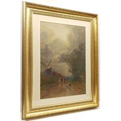 Patrick Lewis Forbes (British 1860-1939): Woman Leading Geese past a Windmill, watercolour signed 62cm x 42cm