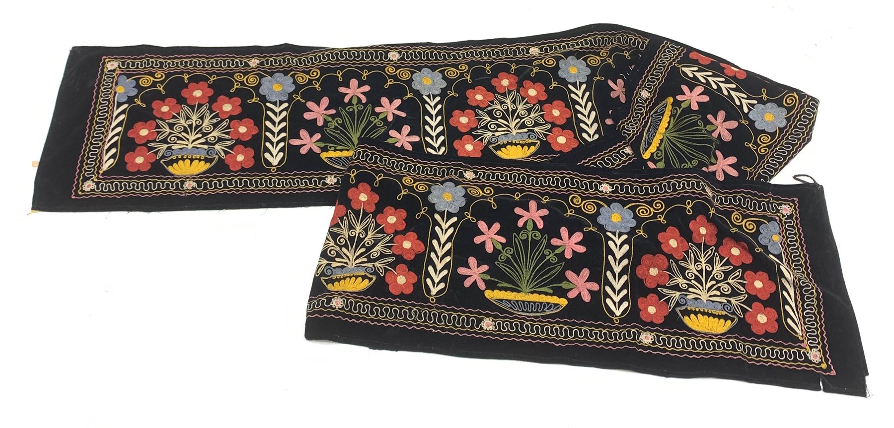 Large velvet crewel work wall hanging worked with bright colours with