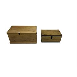 Pine blanket box, with hinged lid concealing main compartment with fitted candle box (90cm x 50cm x 43cm); with pine box rectangular hinged lid, the interior lined with zinc (67cm x 40cm x 30cm)