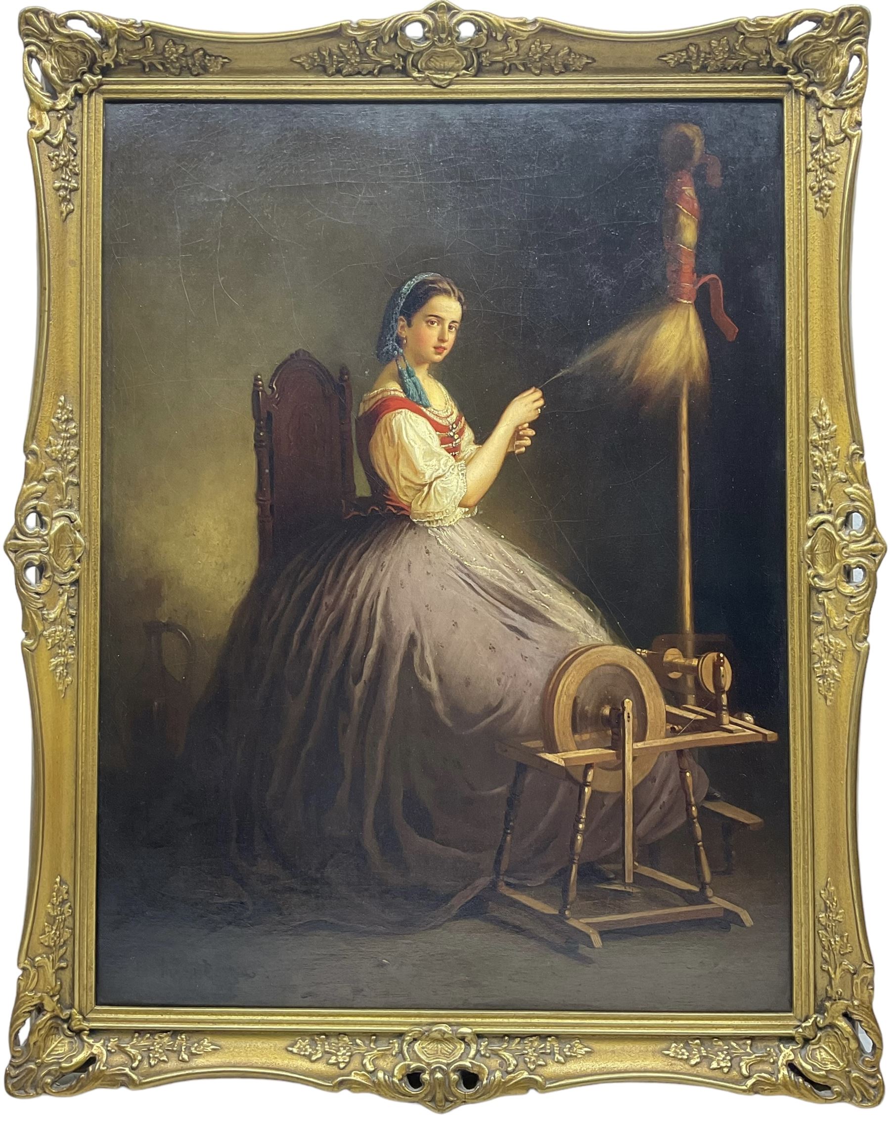 Anton Hölperl (Czech/Austrian 1820-1888): Girls Spinning, Embroidering and Grinding Coffee in Traditional Gowns, set three oils on canvas signed and dated 1863, 57cm x 43cm (3)