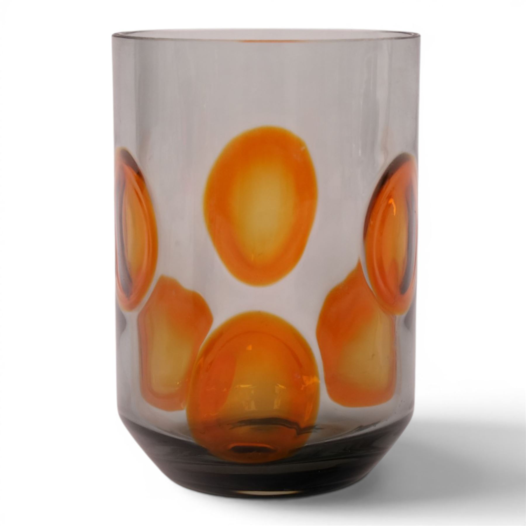 Whitefriars cylindrical vase in smoky brown with orange applied spots designed by Geoffrey Baxter, H19cm