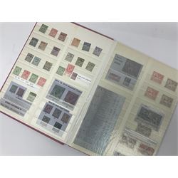 Mostly Great British stamps, including King Edward VII two shillings and sixpence, five shillings and ten shillings, King George V seahorses, King George VI high values, Queen Elizabeth II pre and post decimal etc, housed in a pink stockbook 