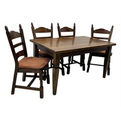 Mid-20th century Dutch oak dining table, rectangular top raised on square supports with tapered sections; four ladderback dining chairs, on turned supports with H-stretchers