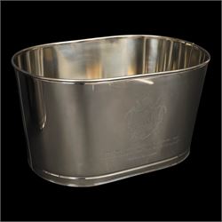 Pair oval champagne coolers, engraved 'I drink champagne when I win to celebrate ... and I drink champagne when I lose to console myself' H25cm, L43cm 