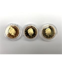 Captain Cook gold proof three coin series, comprising 2018, 2019 and 2020 dated gold proof two pound coins, all three housed together in a Royal Mint presentation box, the individual boxes and certificates are also present
