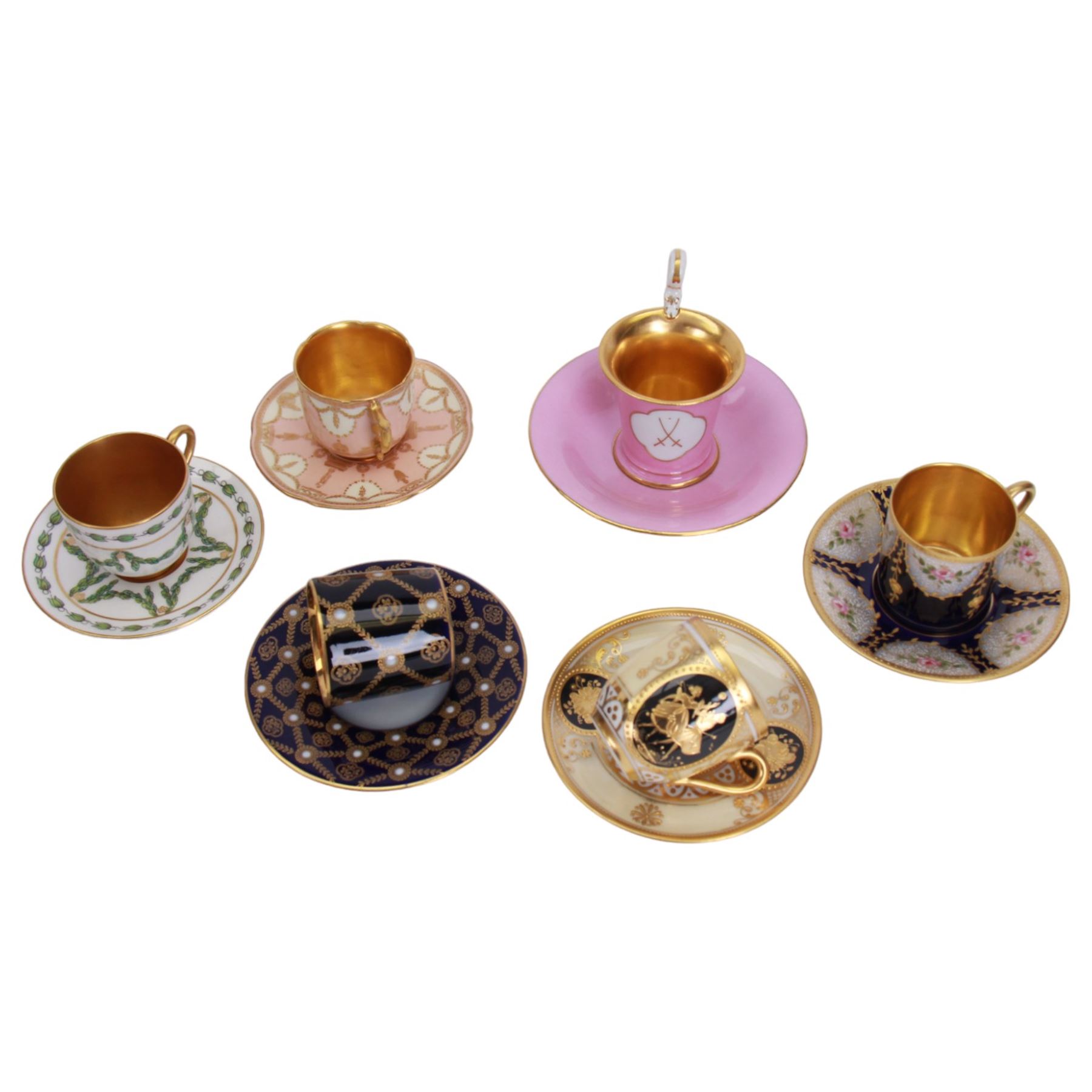 Six 20th century coffee cans and saucers, including Meissen, Royal Worcester and Dresden examples, all with internal gilt decoration