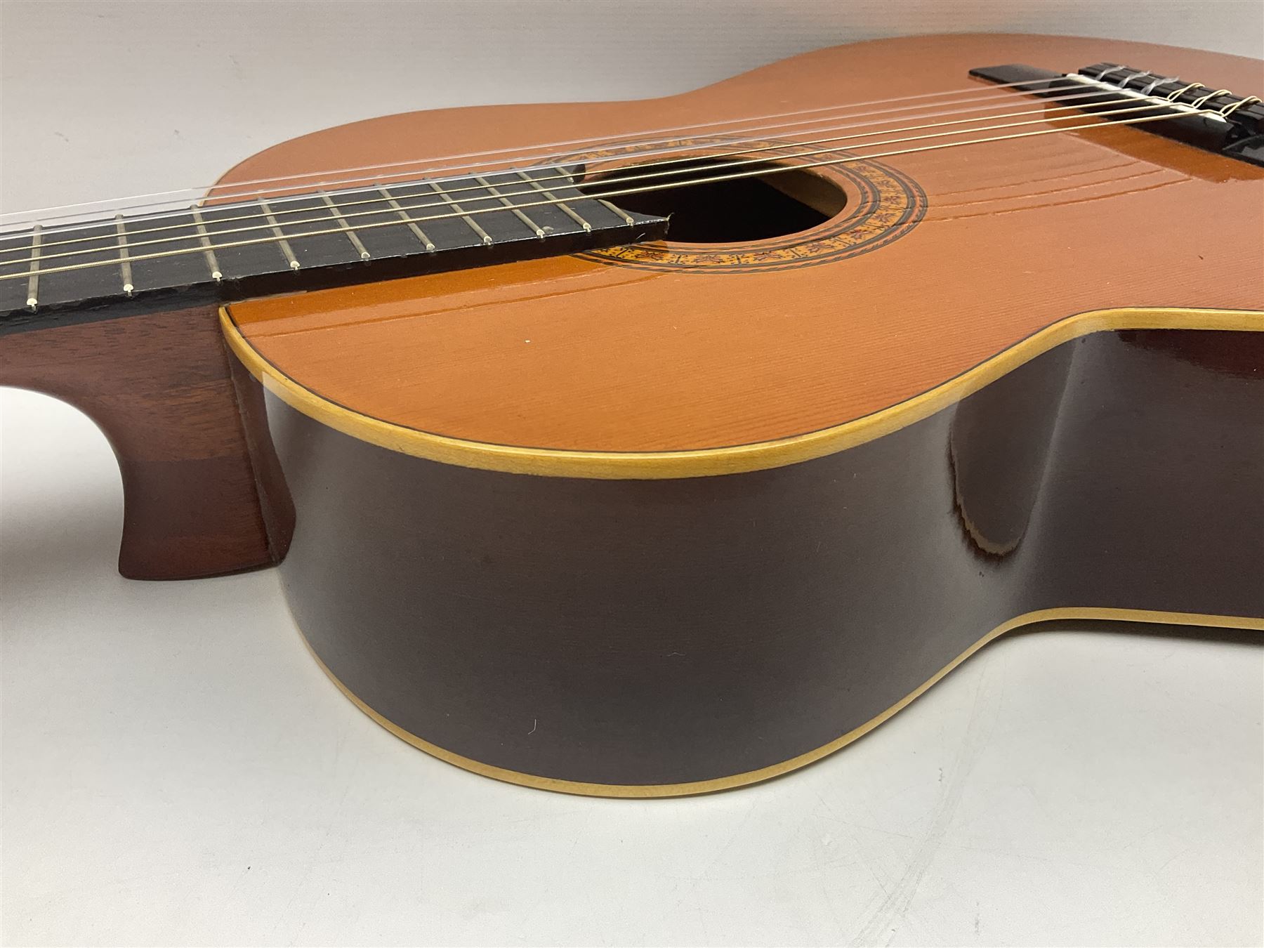 Harmony Model H6360 acoustic guitar in mahogany with spruce top, L103cm overall; and 1970s B&M (Barnes & Mullins) Concert Grande acoustic guitar, L101.5cm overall; each in hard carrying case (2)