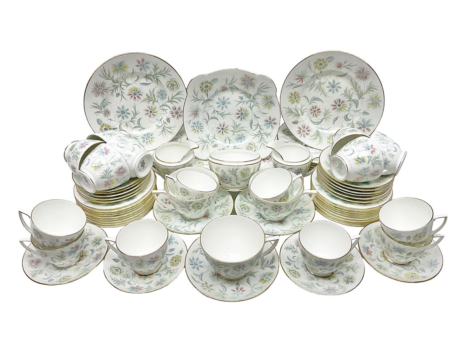 Minton Vanessa pattern part tea service, to include fifteen cups and saucers, open sucrier, milk jug, eighteen dessert plates, twelve side plates etc (70)