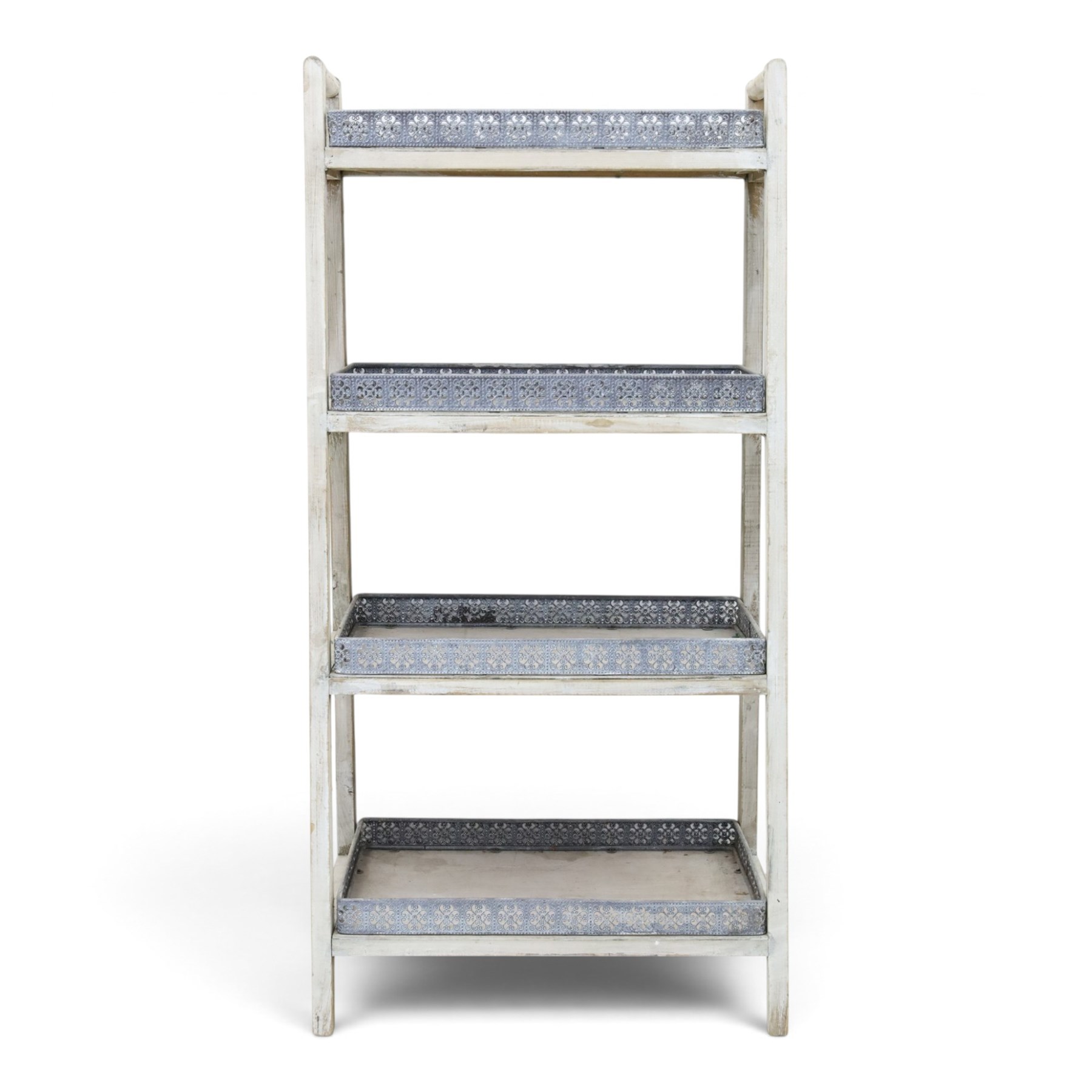 OKA style four tiered waterfall bookshelf, painted woodened frame with pierced wrought metal gallery