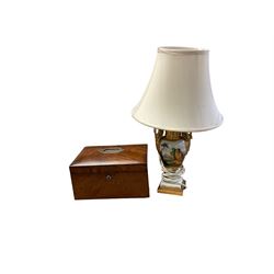 Urn shaped ceramic lamp with swan handles decorated with figural panels, together with a wooden box, lamp H50cm    