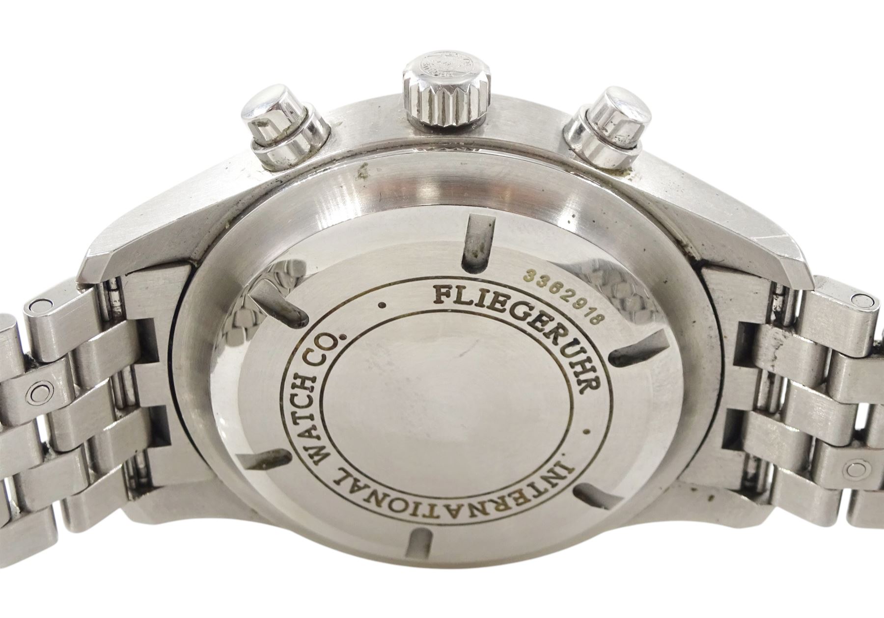 IWC (International Watch Company) Schaffhausen Pilot gentleman's stainless steel automatic chronograph wristwatch, Ref. 371704, serial No. 3362918, black dial with day / date aperture, boxed with additional links and guarantee card dated 2008