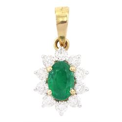18ct gold oval cut emerald and round brilliant cut diamond pendant, stamped, emerald approx 0.55 carat, total diamond weight approx 0.30 carat