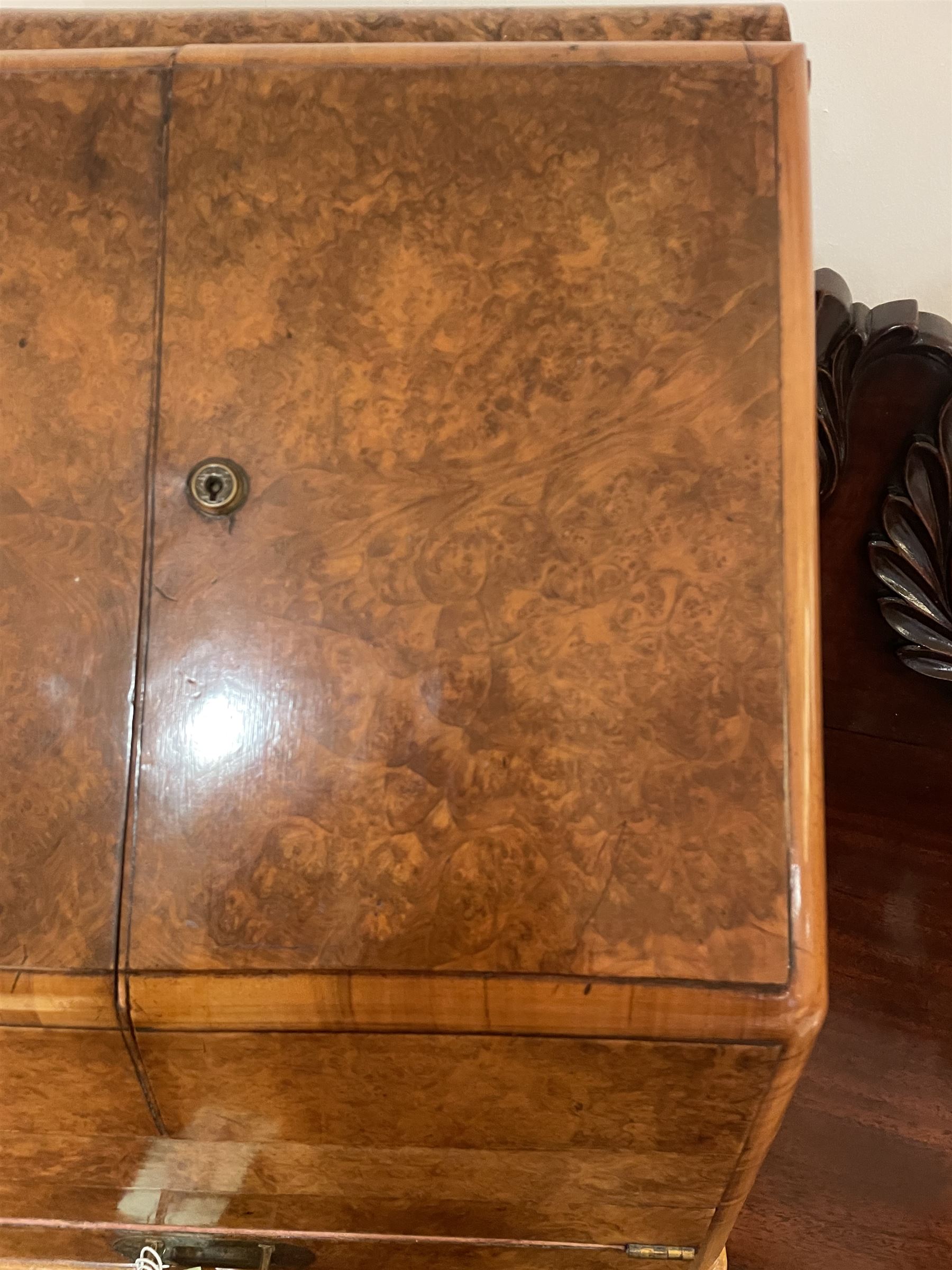 19th century burr walnut correspondence box, the sloped front opening to reveal a fitted interior with perpetual calendar, letter racks, and pen tray between two inkwell recesses, above a pull out draw with recessed brass handle, H41cm L40.5cm D28.5cm