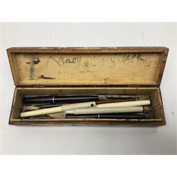 Rectangular thread dispensing box, together with pokerwork box, with floral decoration, quantity of pens, compact etc