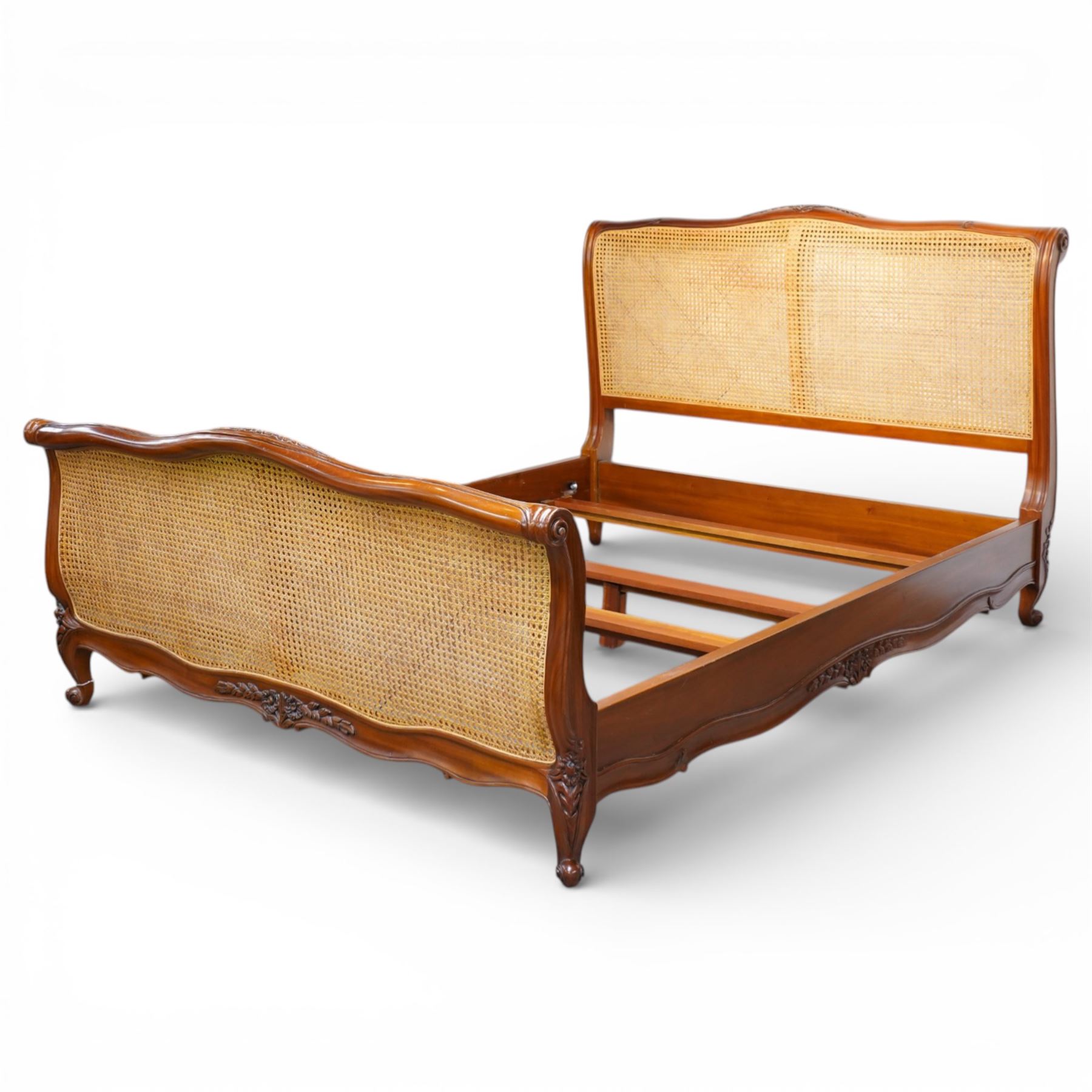 And So To Bed - 5ft king size bed double 'Louis' caned bed with white upholstered sprung base panels, with scrolled headboard and footboard enclosing a double caned panel, on short cabriole supports  
