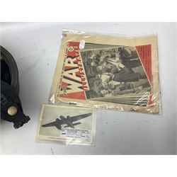 Bakelite cased Megger Insulation tester, by Evershed and Vignoles Ltd, Acton Lane Works, Chiswick, London W4, RW Munro Ltd air speed knots gauge, American green army helmet, The War Illustrated, WW2 aircraft photographic postcards, etc
