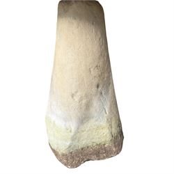 Weathered cast stone staddle stone with circular top raised on tapered base