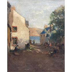 Newlyn School (Early 20th century): Seaside Cottages with Fisherfolk, oil on canvas possibly signed l.r. 49cm x 39cm
