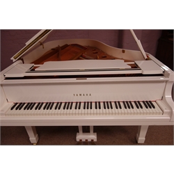  Yamaha C3 grand piano, metal framed overstrung movement in white finish case with soft close fall on square tapering supports, spade feet and brass barrel castors, No 6051033, W150cm, H102cm, L185cm,   