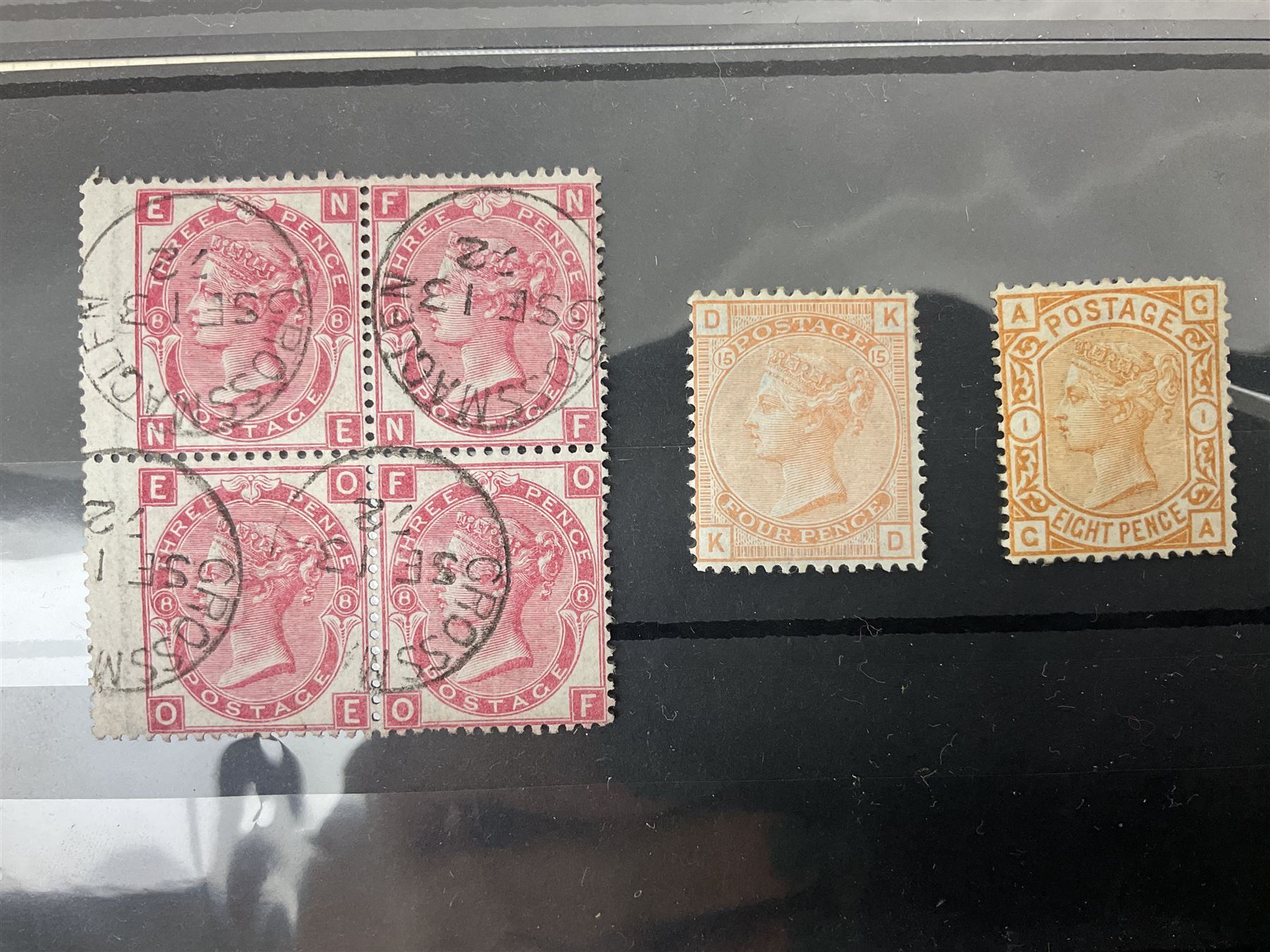 Queen Victoria and later Great British stamps, including five shillings, three pence block of four, block of twenty King George VI used ten shillings dark blue etc