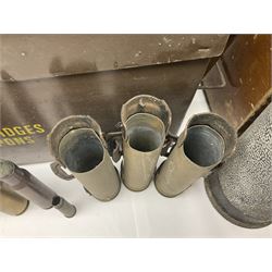 Large collection of shell and bullet casings, including a trench art example, together with a metal cartage case and wooden case