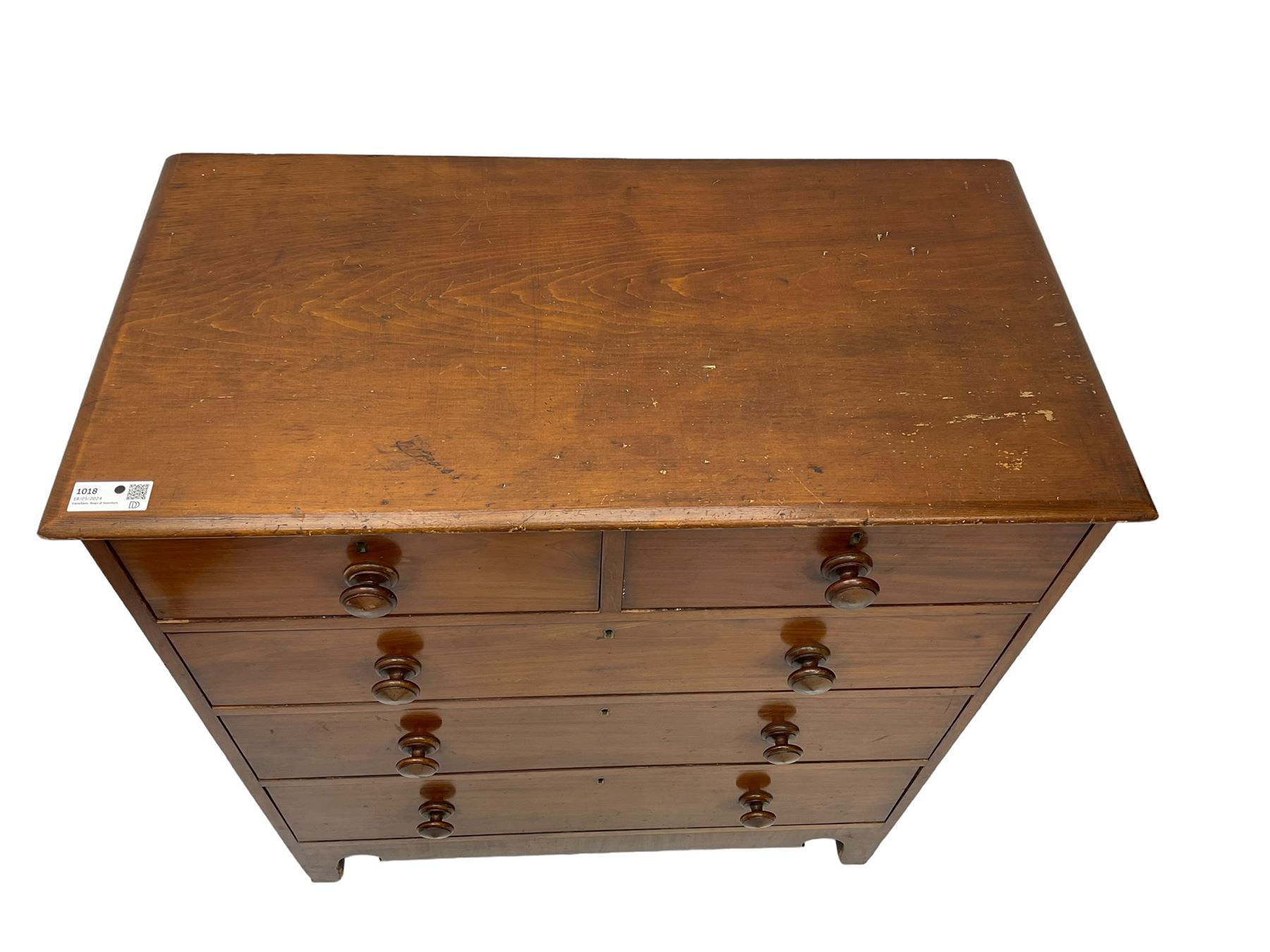 19th century mahogany and pine chest, moulded rectangular top over two short and three long drawers, on shaped apron with bracket feet